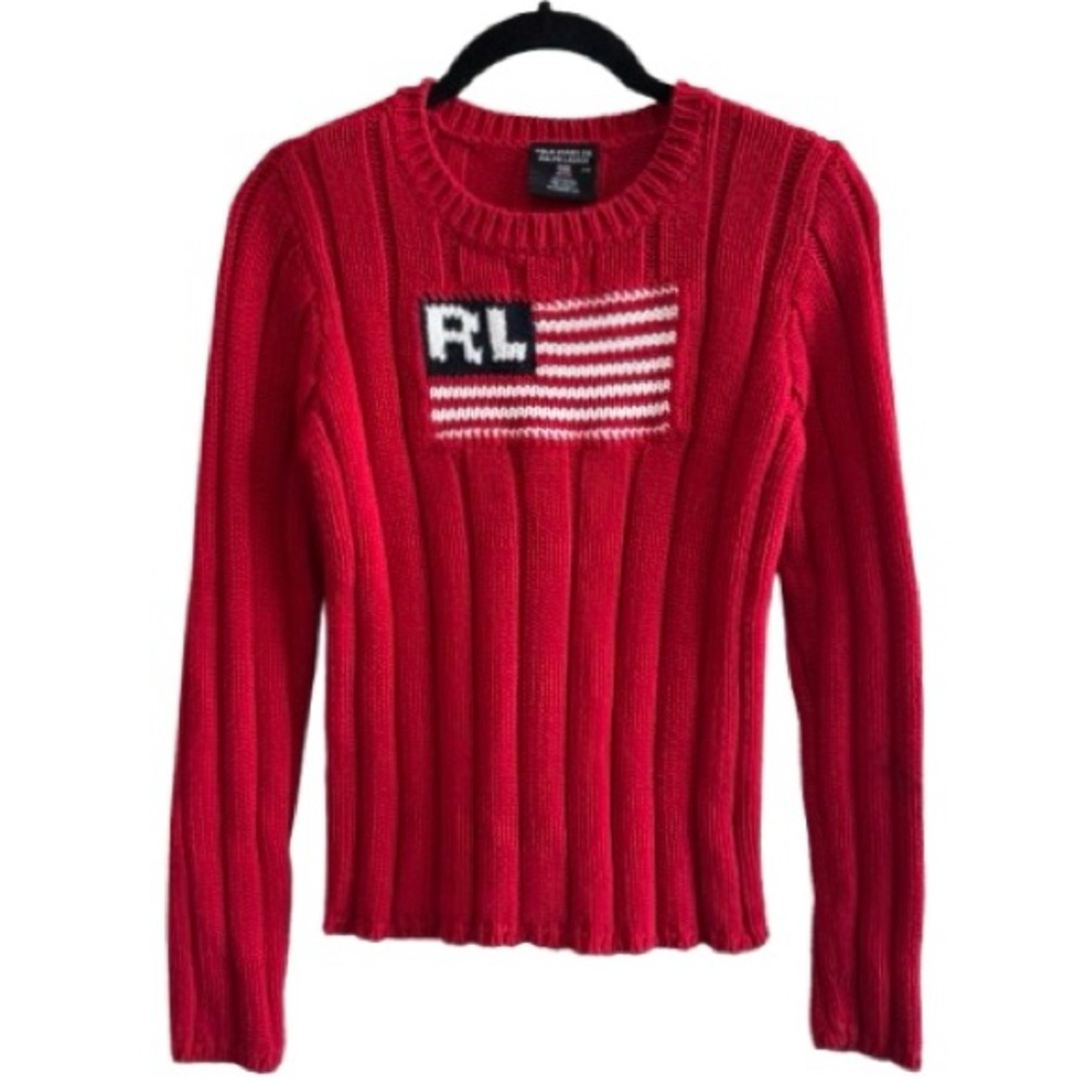 Polo by Ralph Lauren Red Ribbed Crewneck Sweater with Flag Detail